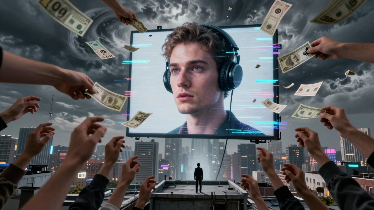 A face on a giant screen as hands reach up, with algorithms swirling above in a dark city.