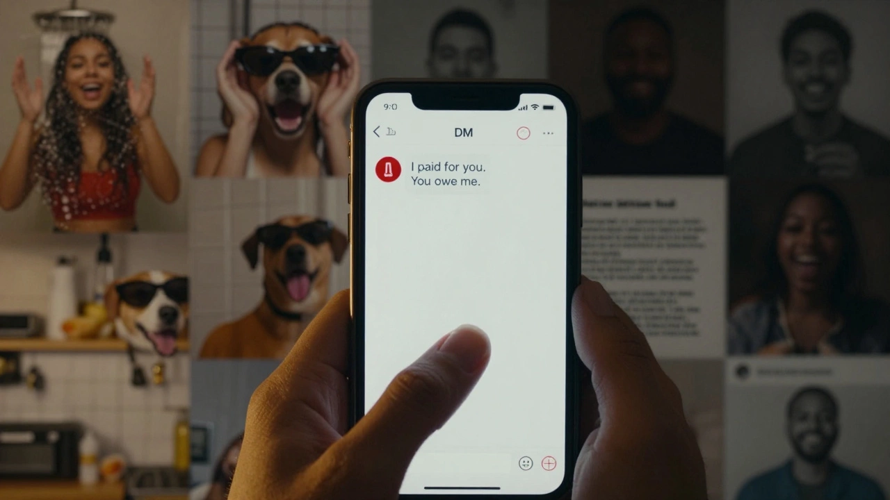A trembling hand holding a threatening DM, behind it fading memories of viral moments.